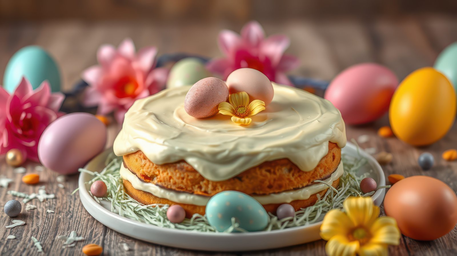 Delicious festive cake surrounded by colorful Easter eggs and spring flowers on rustic wooden table